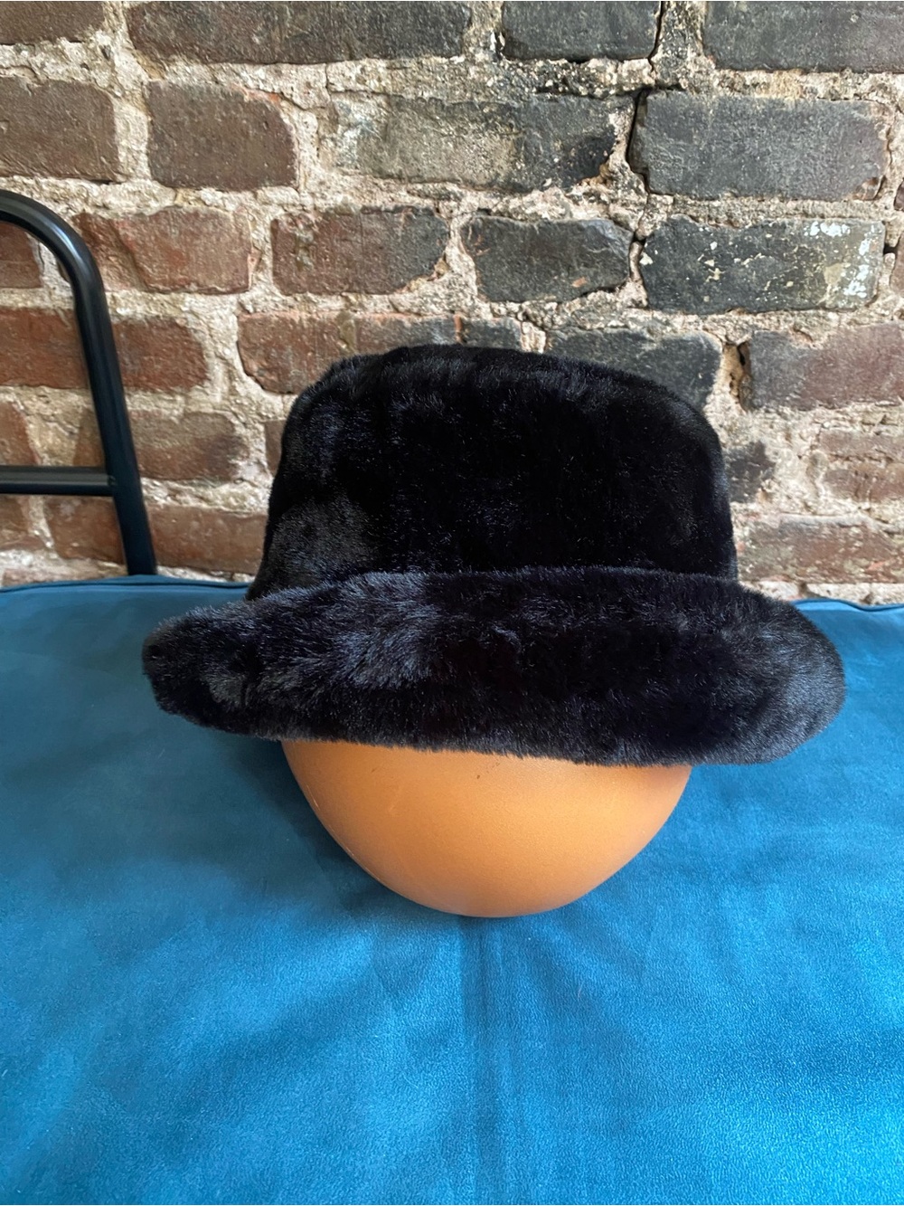 Natasha Black Faux Fur Couture Bucket Hat with Black lining Adjustable Y2K